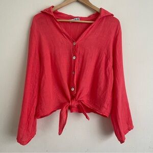 Sartorie Marinare Coral Linen Button-Up Blouse Sadaf Buttons Tie Front Size M
